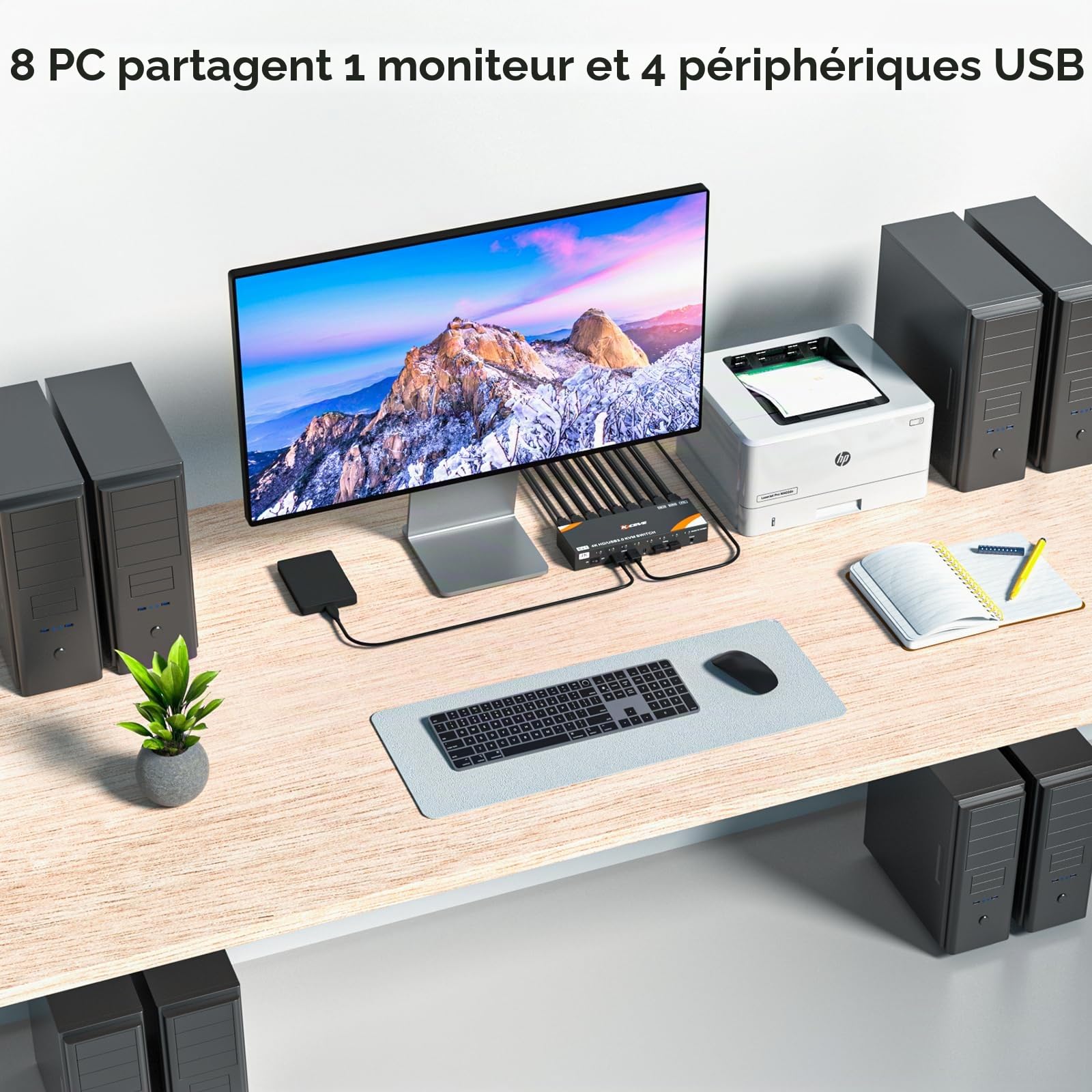 Commutateur KVM HDMI 8 ordinateurs et 1 moniteur, commutateur KVM USB 3.0 avec prise en charge 4K @ 60 Hz pour 8 PC avec clavier et souris communs, compatible avec Windows/Linux/Mac, etc