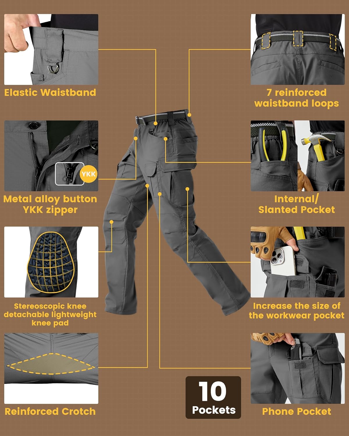 Men's Stretch Tactical Work Pants with Removable Knee Pads, Water-Resistant Ripstop Cargo Pants for Outdoor & Hiking