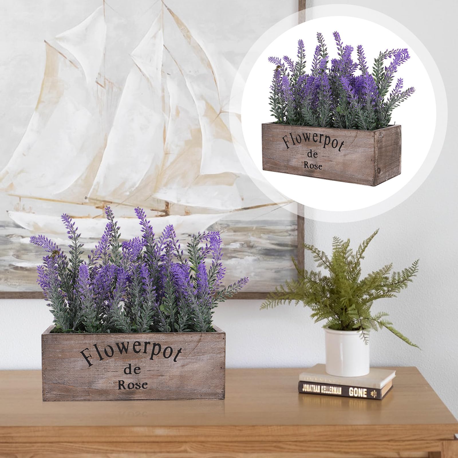 Künstlicher Lavendel Bonsai Topfpflanze mit Kunststofftopf für Schreibtisch und Fensterbank Dekoration im Büro und Wohnzimmer