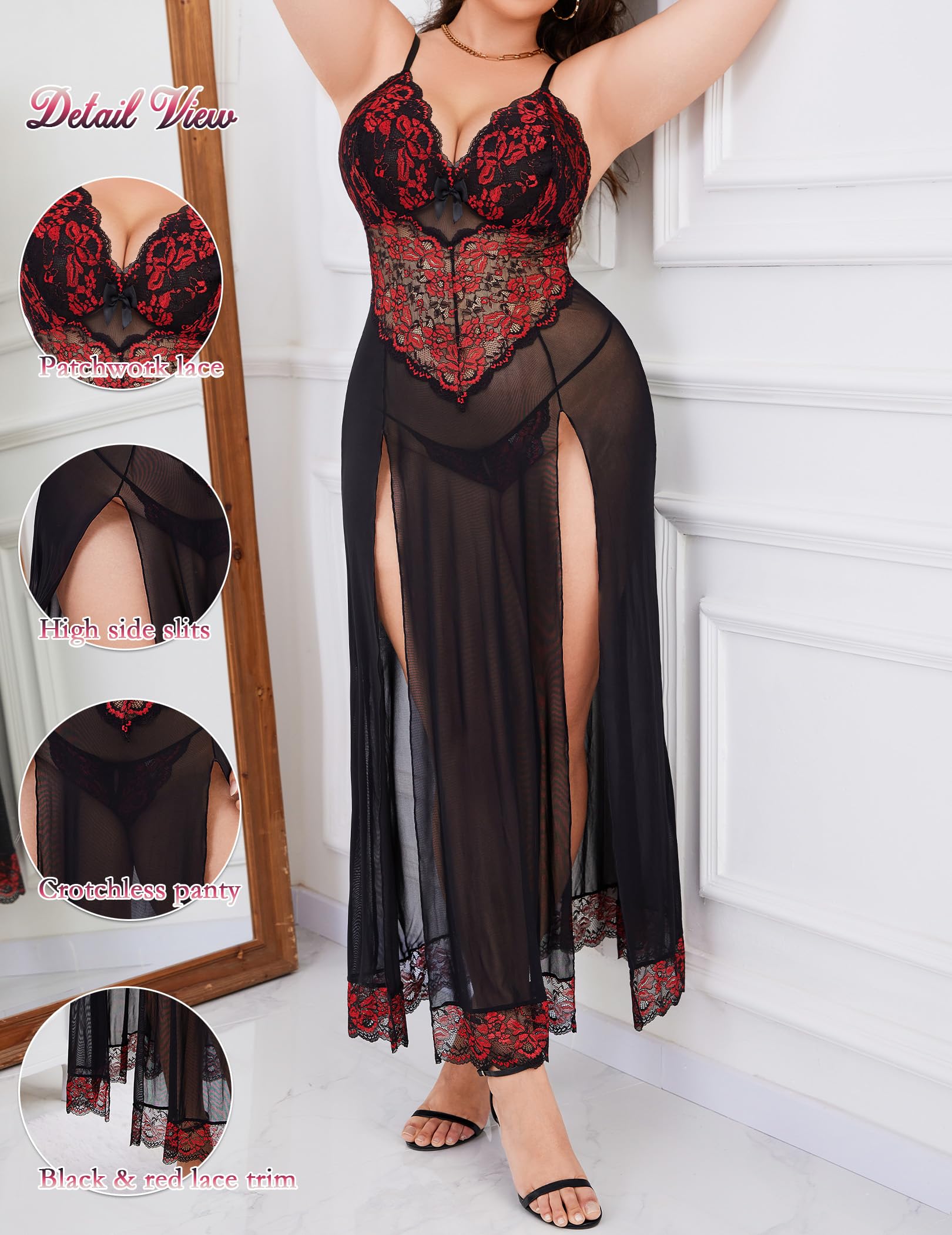 Alrovetoney Plus Size Lingerie For Women Babydoll Sexy Mesh Maxi Nightdress Exotic Sleepwear Side Slits: Black & Red 3X-Large