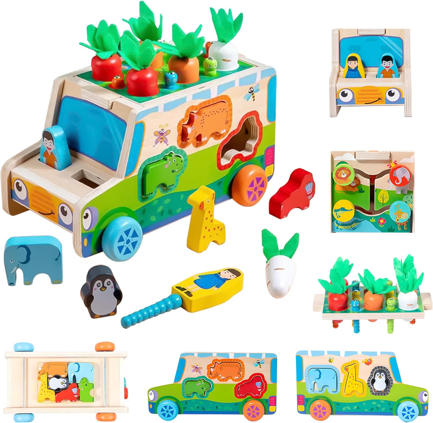 6-in-1 Montessori Toys for 1 2 3 Year Old Carrot Harvest Games,Farm Bug Catching Game,Wood Shape Sorter Toys for Kids 1-3 with Animals Blocks Learning Fine Motor Skill,Wooden Toy Gifts for Girls Boys