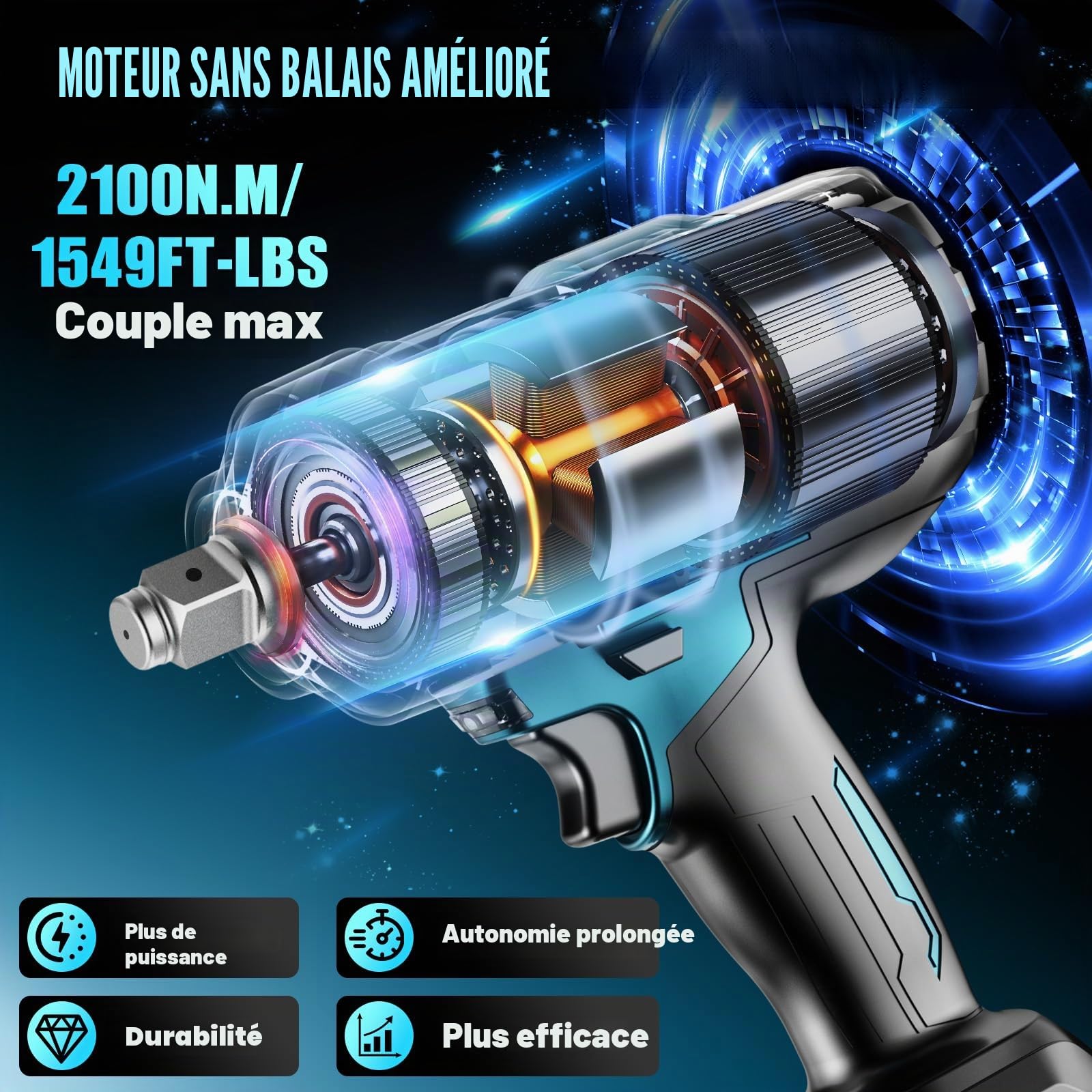 2100 N.M Clé à Chocs Sans Fil Brushless, 3/4" Boulonneuse A Choc Electrique Avec 2 Batterie, Adaptateur 1/2", Visseuse A Choc Pour Voitures Et Machines Lourdes