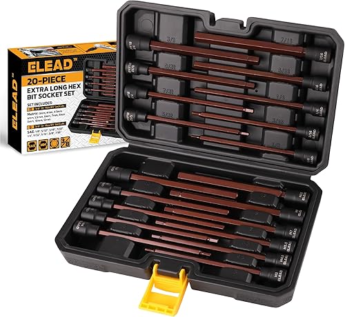 ELEAD Extra-Long Allen Hex Bit Socket Set 20-Piece 38 Inch Drive, S2 Steel, Standard SAE & Metric (18-Inch - 716-Inch, 3-12mm) for Impact Drills and