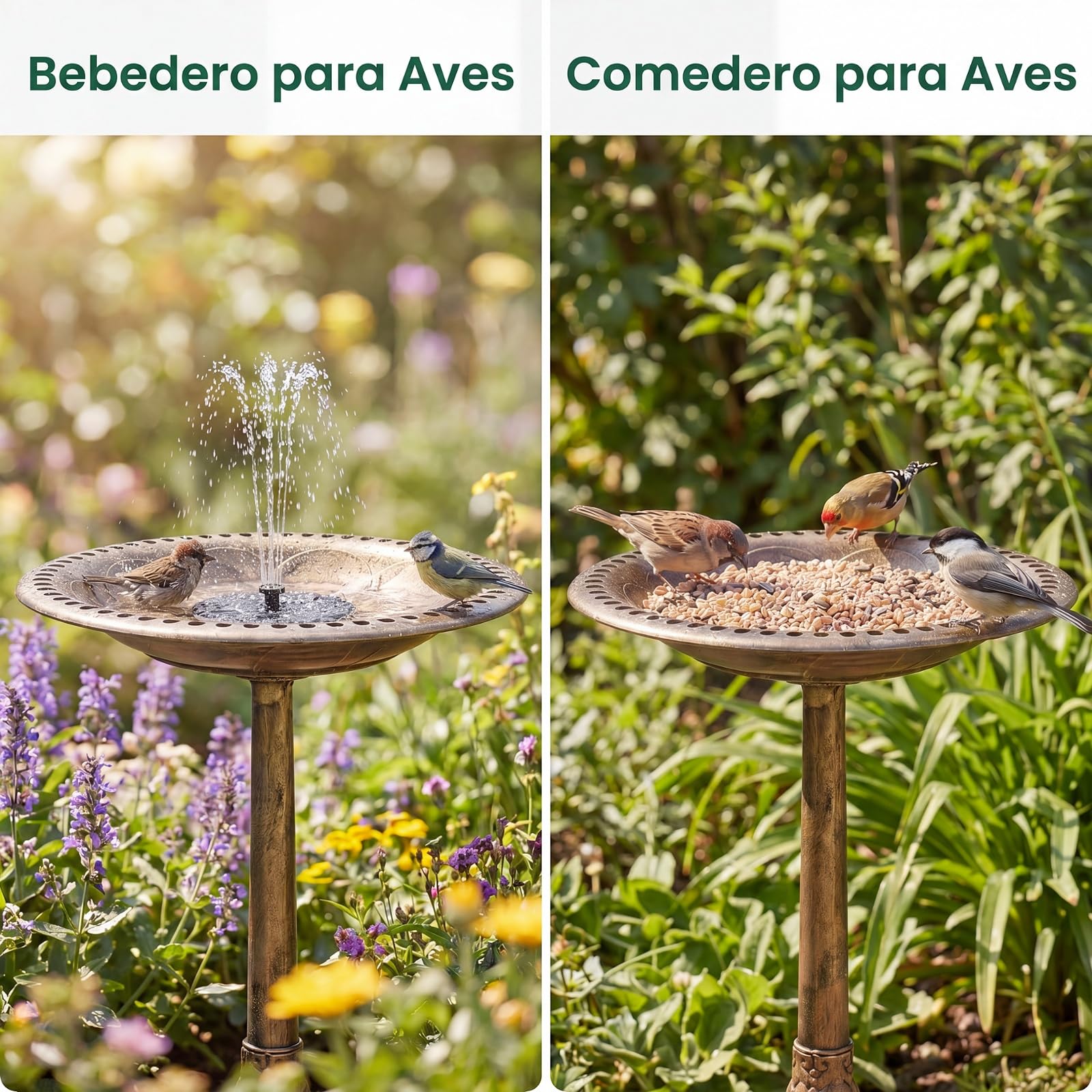 GYMAX Baño para Pájaros con Fuente Solar 2 en 1, Bebedero de Pájaros de Pie Antiguo con 6 Boquillas y 3 Estacas, Comedero para Aves Vintage para Patio, Jardín, 51 x 51 x 71 cm