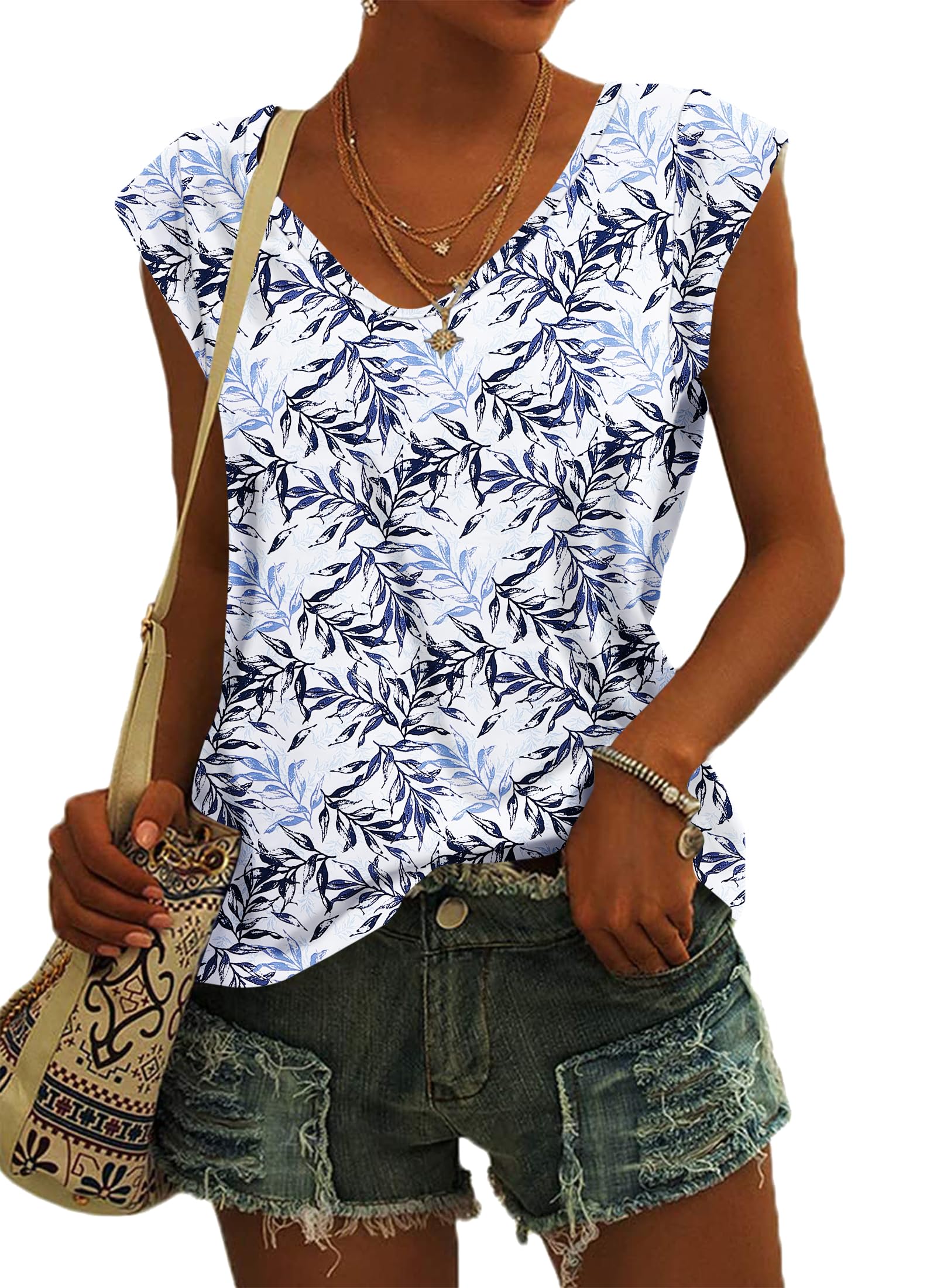 PLMOKEN T-Shirt Sommer Tank Top Damen - Ärmelloses Blusenshirt V Ausschnitt Blusen Shirts Oberteile Offset Bedrucktes Top