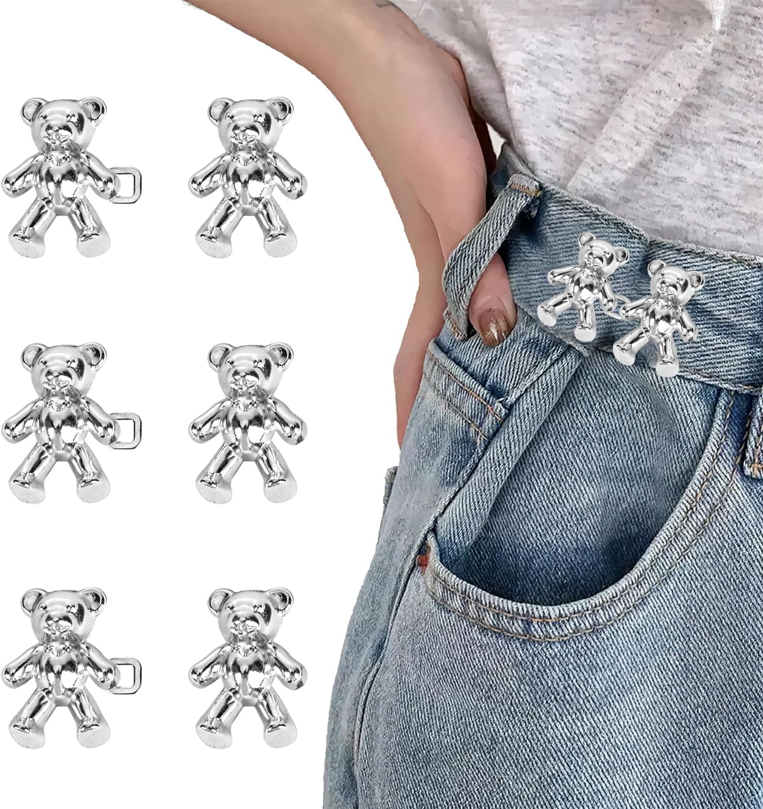 3 Sets Cute Bear Button Pins for Jeans Adjustable Waist Tightener Buckle Extender for Loose Women Skirt Jeans No Sew No Tools Instant Pant Replacement Pant Clips Silver