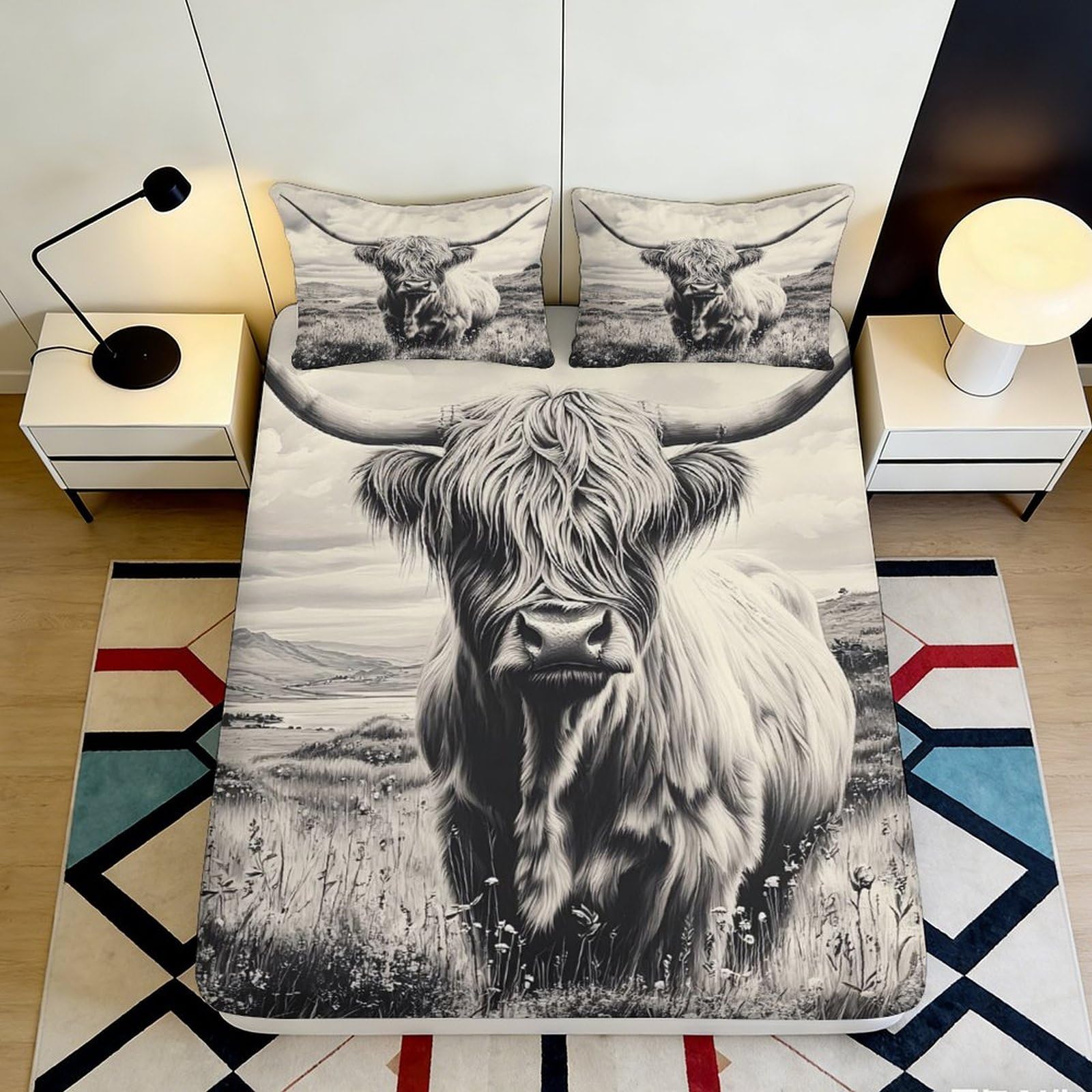 Pnayamiorkfel Style-3 3D Printed Highland Cow Fitted Sheet Microfiber Soft Breathable Pastoral Landscape Bed Cover For Bedroom Decor 90X200x25cm