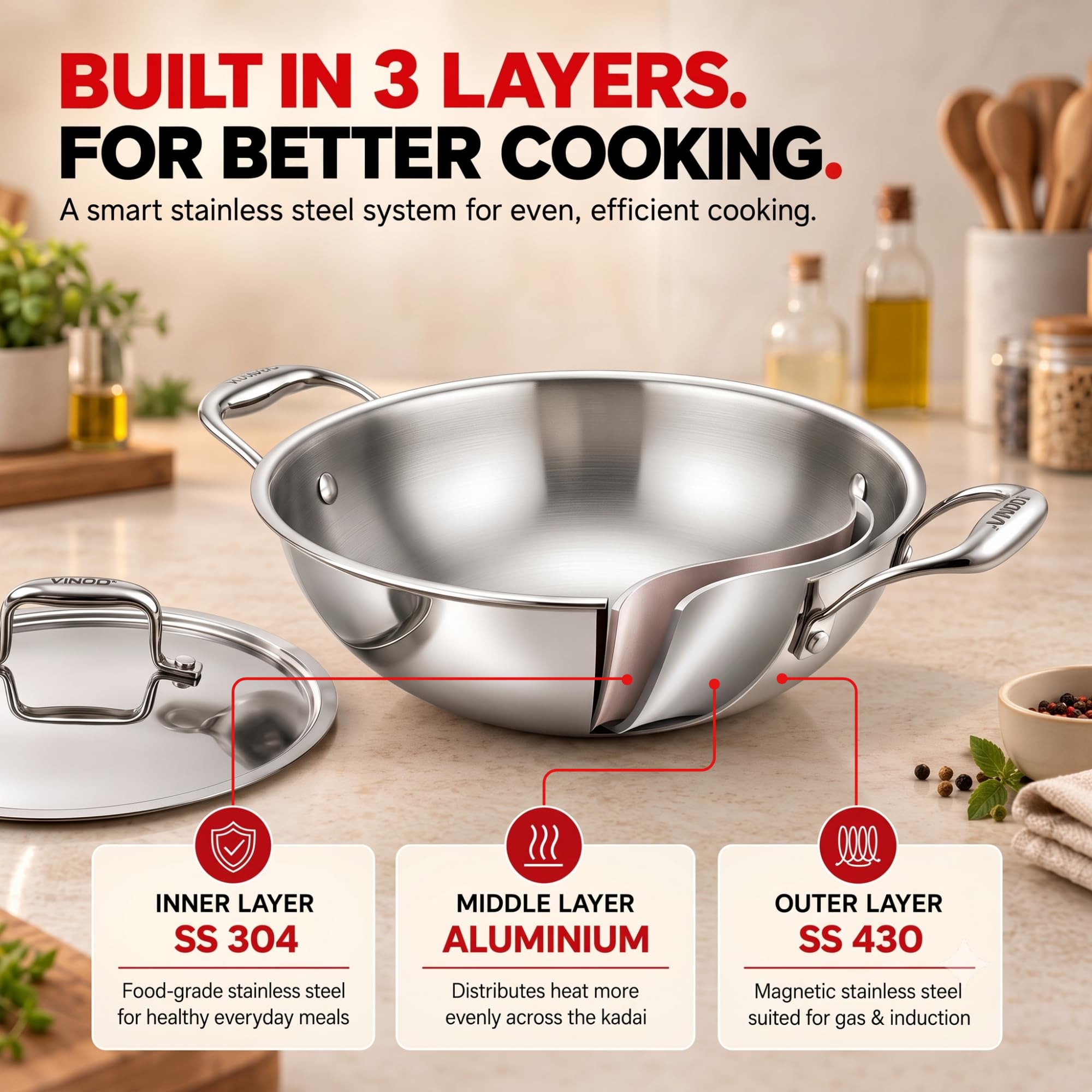 Vinod Stainless Steel Kadai - 28cm with Lid -4 Vinod Stainless Steel Kadai - 28cm with Lid -4