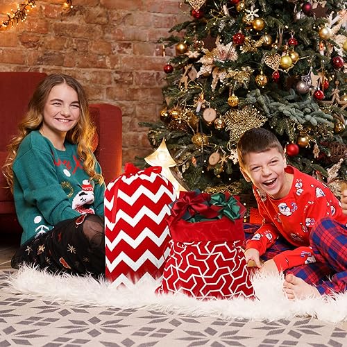 Miniatura 6 de MIMIND 6 bolsas de regalo de Navidad con cordón, tela de algodón rojo y blanco, bolsas de regalo de Navidad, bolsas reutilizables para fiestas de