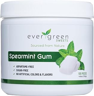Evergreen Sweets Chewing gum -100 Pieces Jar - Natural Spearmint Gum Made with Xylitol and Stevia - Sugar-Free, Aspartame ...