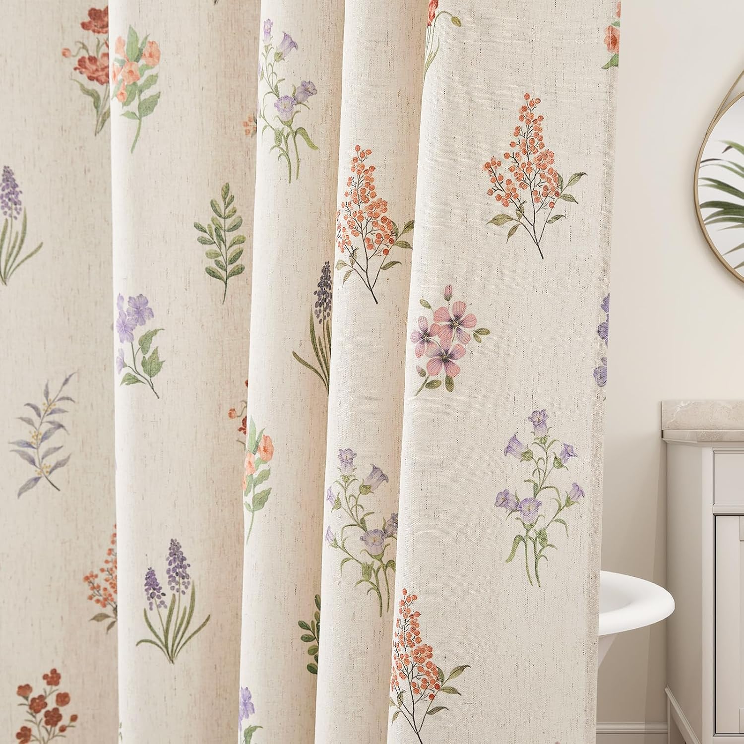 Floral Linen Shower Curtain, Spring Vintage Farmhouse Style, 72x72