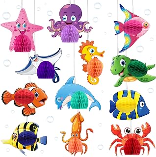 12 Pcs Ocean Themed Party Hanging Tissue Decorations Sea Animal Hanging Tissue Honeycomb Centerpieces Decor Fish Sea Turtle Crab Dolphin Octopus for Ocean Tropical Themed Party Baby Shower Supplies