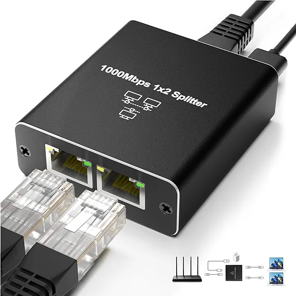 Ethernet Cable Splitter 1 to 2, Gigabit LAN Splitters High Speed 1000Mbps RJ45 Ethernet Switch with USB C Power Cable for Cat5/5e/6/7/8 Cable