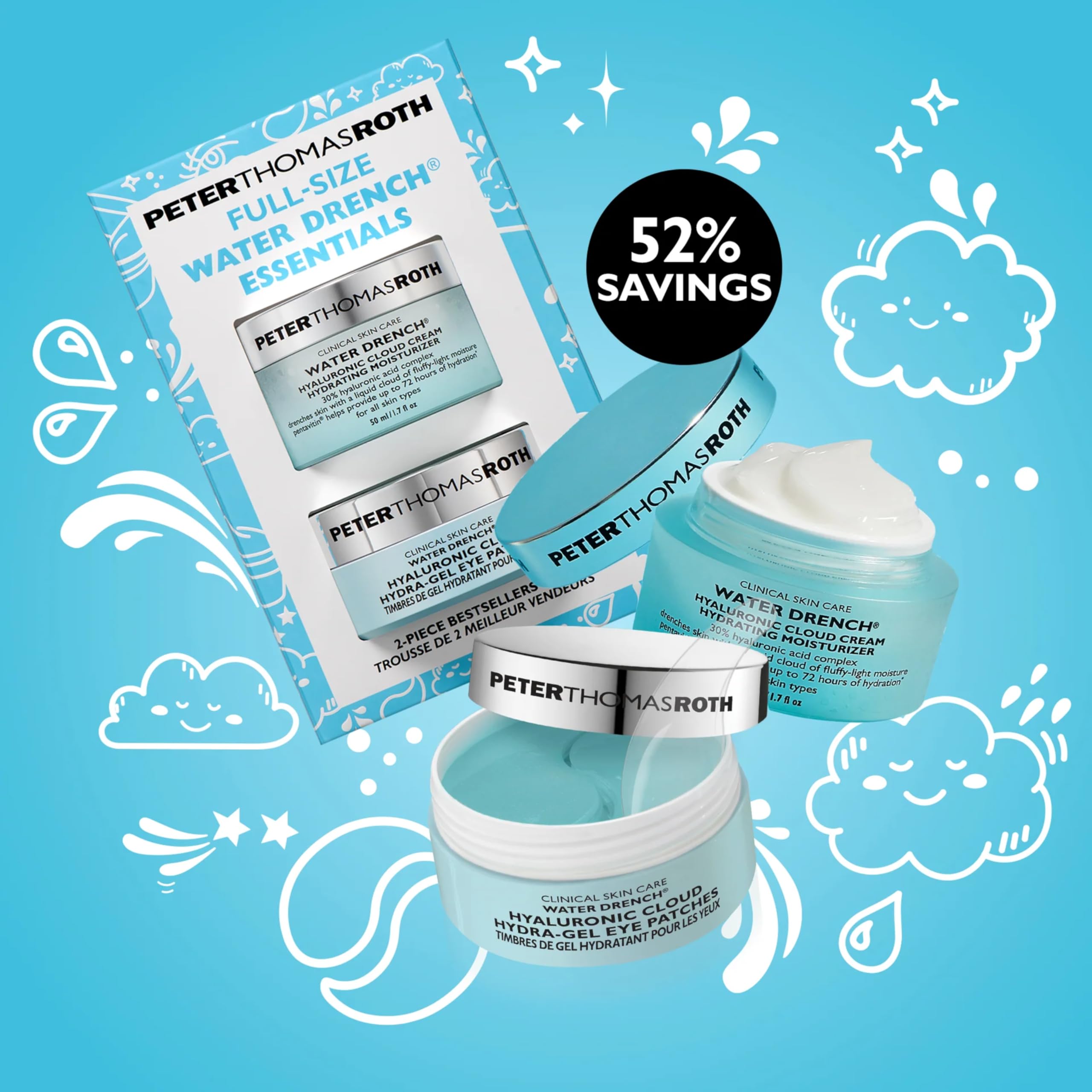 Peter Thomas Roth Water Drench® Essentials 2-Piece Set – Hyaluronsäure Feuchtigkeitsset mit Cloud Cream & Eye Patches – Intensive Hydration für Gesicht & Augen – Anti-Aging Pflege