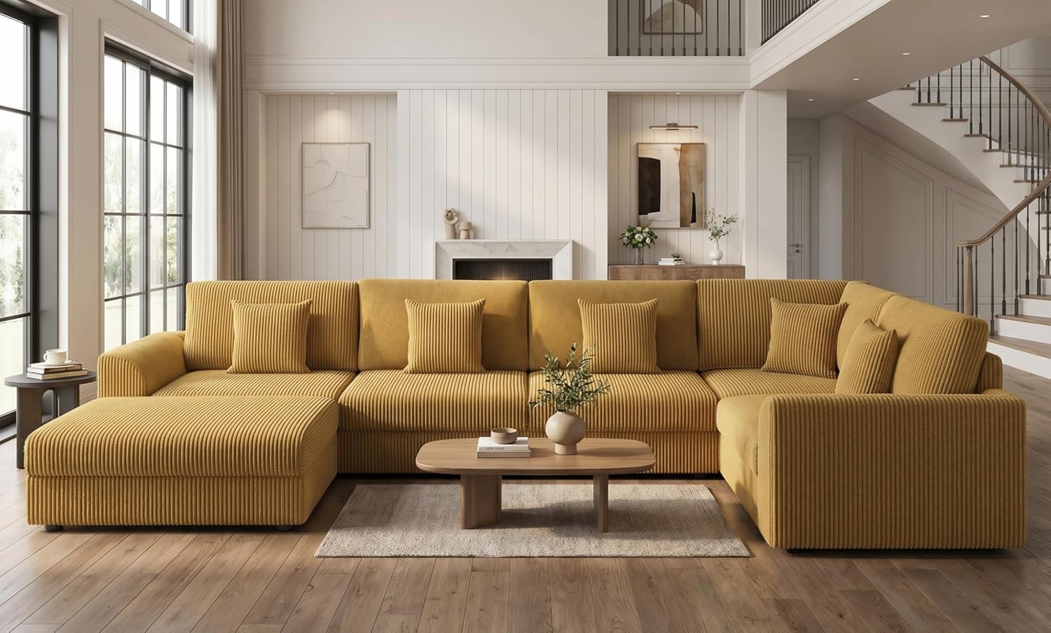 146" Modular Sectional Sofa, Oversized U Shaped Couch, Convertible Sleeper Sofa, 6 Seat Sofa with Chaise, Deep Seat Comfy Cloud Couch with Ottoman and Five Pillows for Living Room, Corduroy, Yellow
