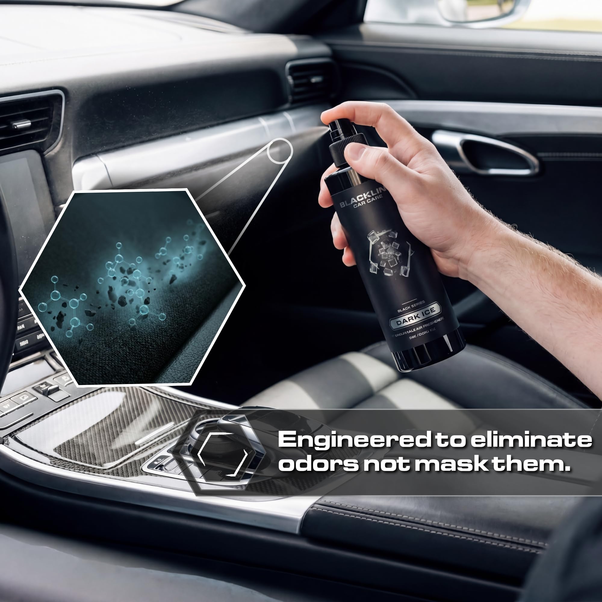 Blackline Car Care - Ambientador de coche Dark Ice, de larga duración, eliminador de olores, para automóviles, camiones, SUV o uso doméstico, 8 onzas líquidas, ambientador de hielo negro, spray de