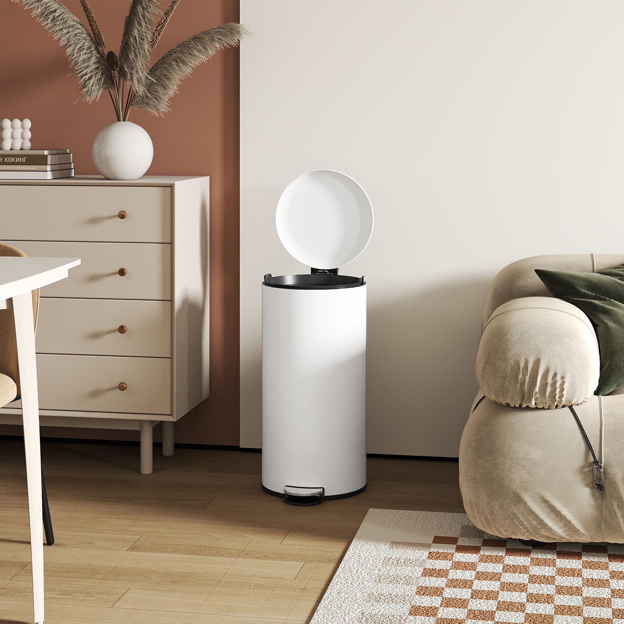 HOMCOM Cubo de Basura para Cocina 30L Papelera de Cocina con Pedal Tapa de Cierre Suave y Cubo Extraíble para Dormitorio Oficina Estudio Salón Crema