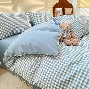 Bedding Plaid Comforter Set, 100% Washed Cotton Textured Percale Bedding Set, Comfort Ultra Soft 4-Piece, Vintage Style Checkered Gingham Queen Sheet Set,Blue 5,Twin