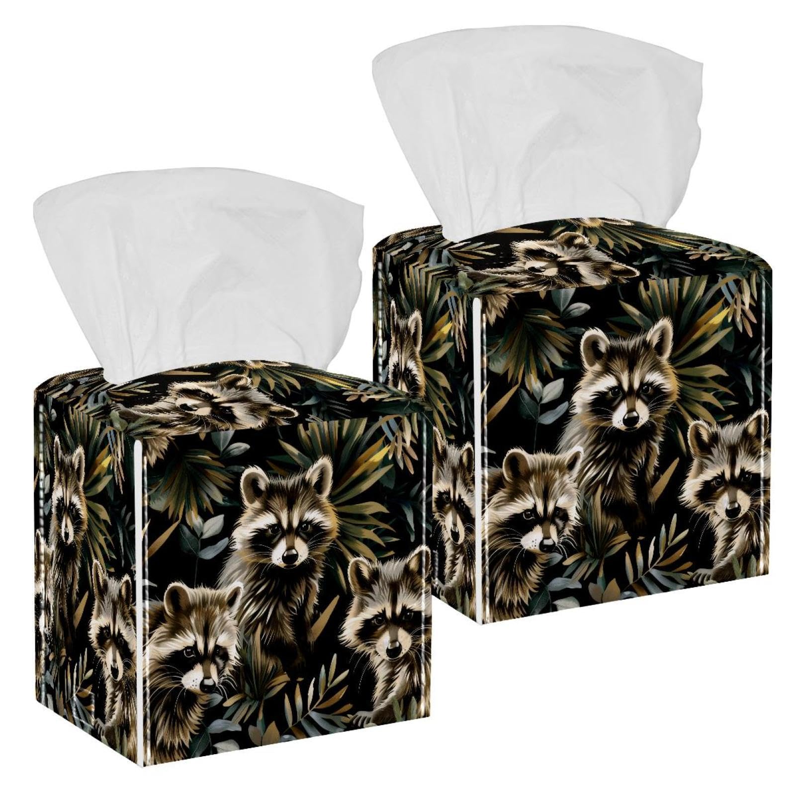Cute Raccoon Tissue Box Cover, 2 Pack PU Leather Square Facial Tissue Dispenser Box holder for Home Office Car