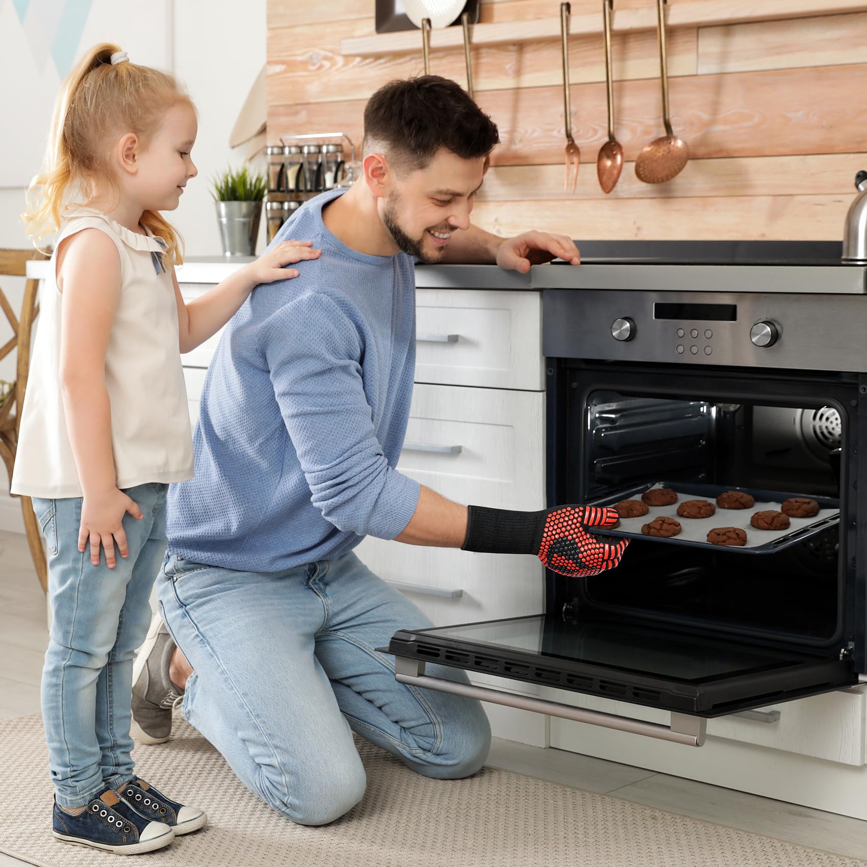 Onlyfire rękawice do grillowania, odporne na temperaturę do 800°C, rękawice kuchenne, antypoślizgowe, odporne na wysoką temperaturę, ogniotrwałe, rękawice do grilla, gotowania, pieczenia, czerwone