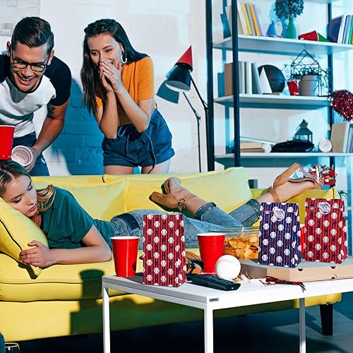 Miniatura 5 de durony 24 bolsas de papel kraft para fiestas de béisbol, 9.4 x 5.1 x 3.1 pulgadas, bolsa de dulces con calcomanías para decoraciones temáticas
