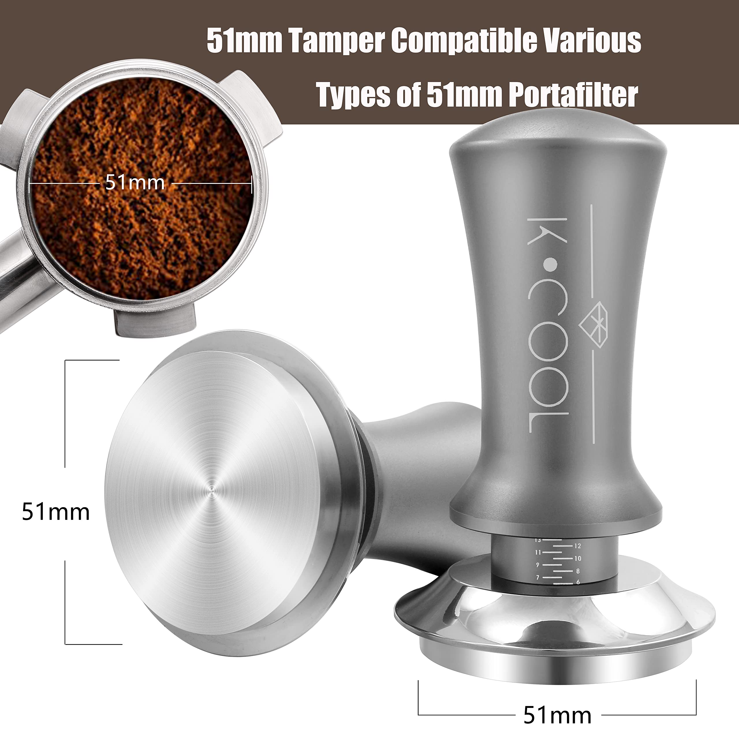 K COOL 51mm Coffee Espresso Tamper, Premium Barista Tools, Calibrated Spring Tamper, 100% Stainless Steel Flat Base Tamper with Scale Mark for Espresso Machine (Silver)