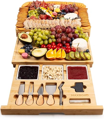 Maxboro - Juego de tablas de embutidos extra grandes, juego de tablas de queso de bambú y cuchillos, bandeja fresca para carne y queso, regalos de