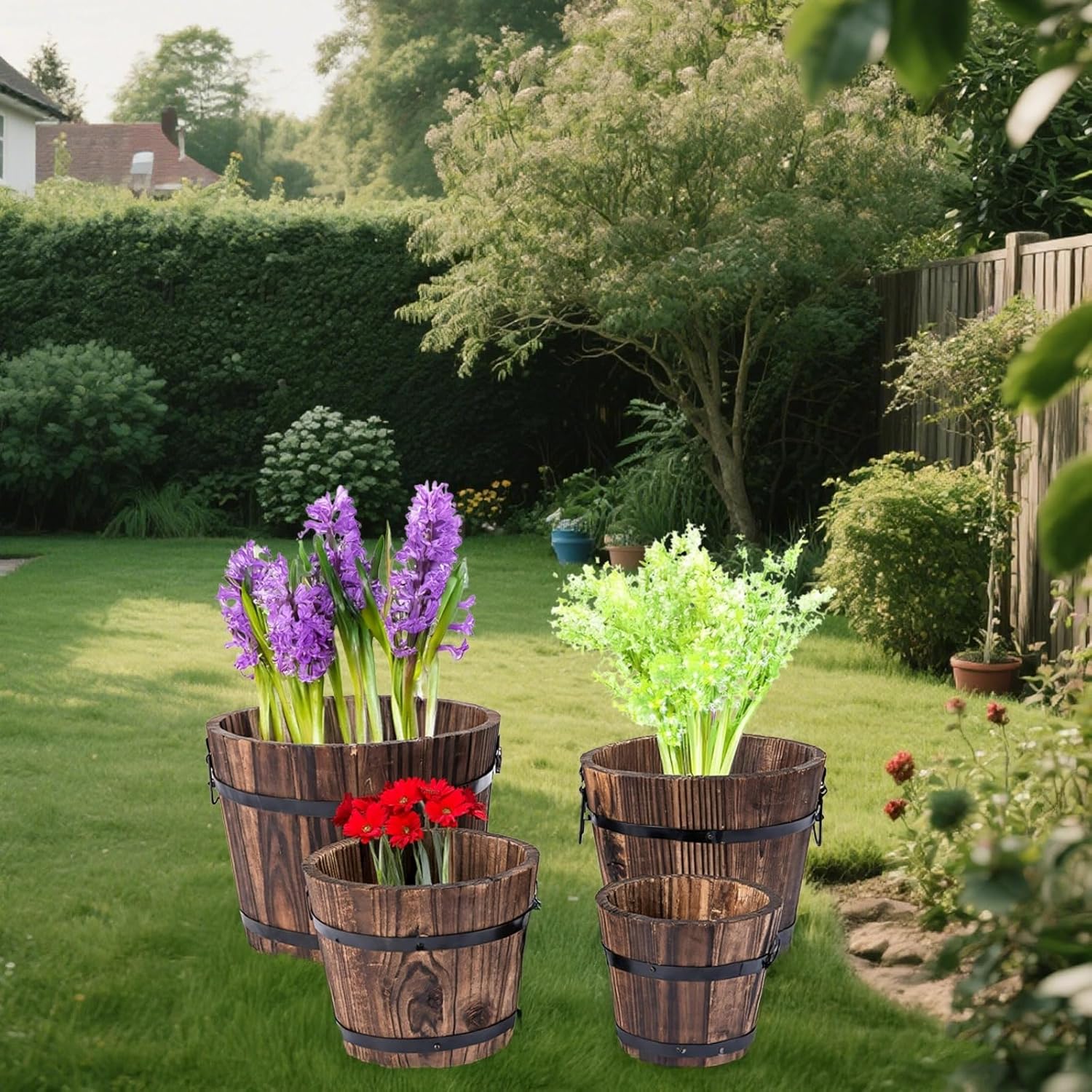 4 PCS Wooden Whiskey Barrel Planters, Wine Barrel Flower Pot with Rubber Hoops, 4 Sizes Versatile Planter for Indoor and Outdoor Plants