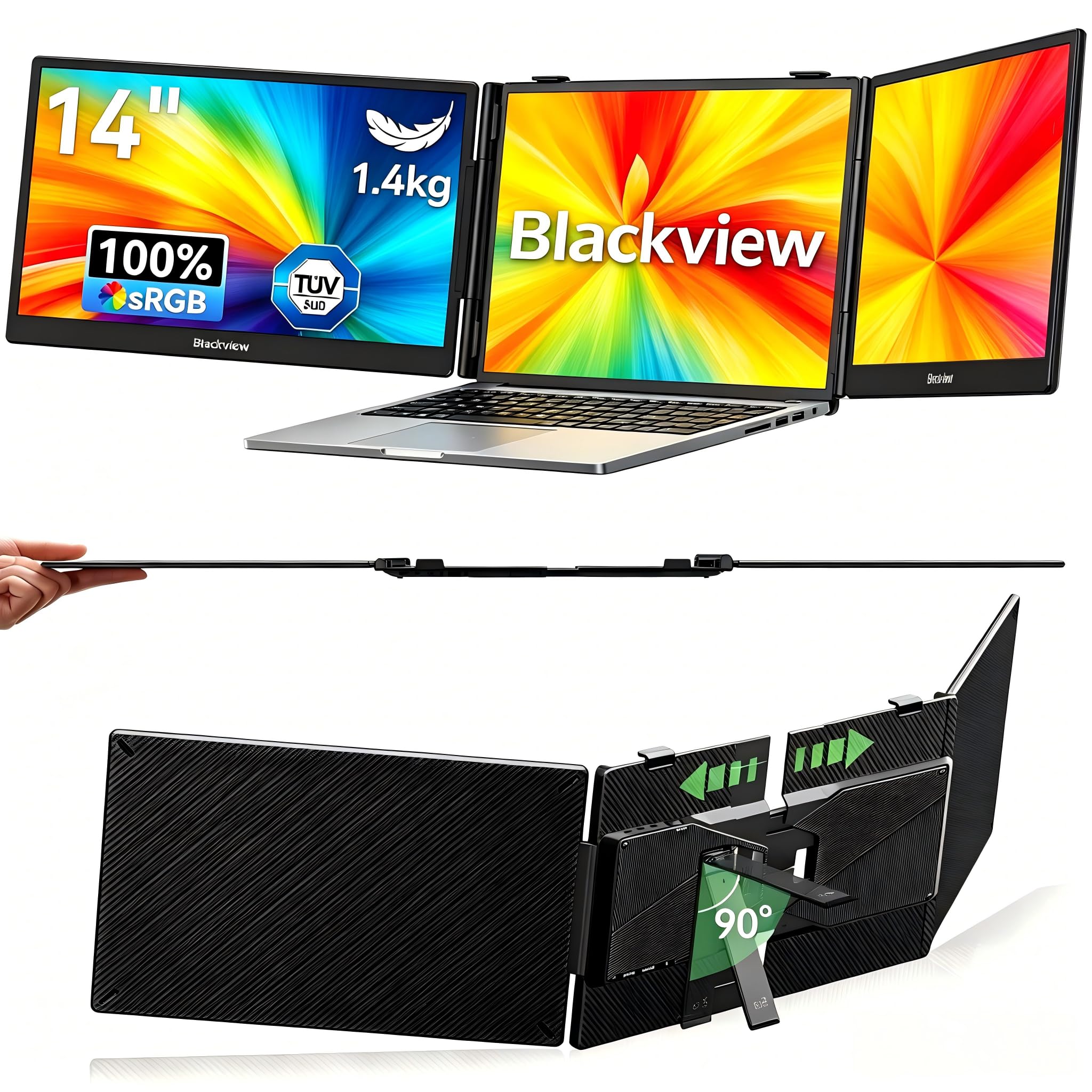 Blackview DCM5 Monitor Portatile per Laptop, Ultrasottile e Leggero,14″ FHD 1080P Ultra Triplo Schermo PC Portatile, Plug & Play, Adatto da 13-17″,compatibile con Smartphone, PC, Mac, PS5, Xbox