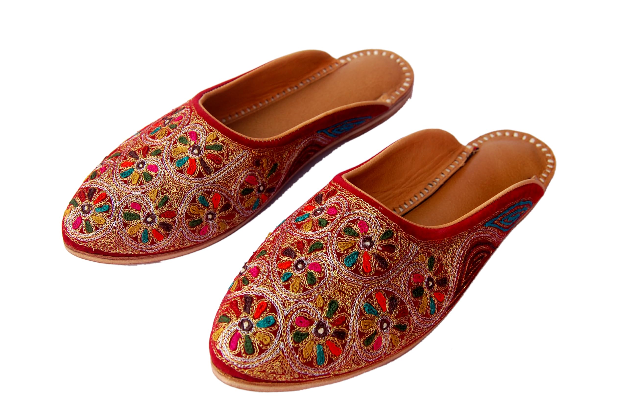 Multicolor Motley Embroidered Leather Flat Mules with Zari Accents on Red Velvet for Women-image-47