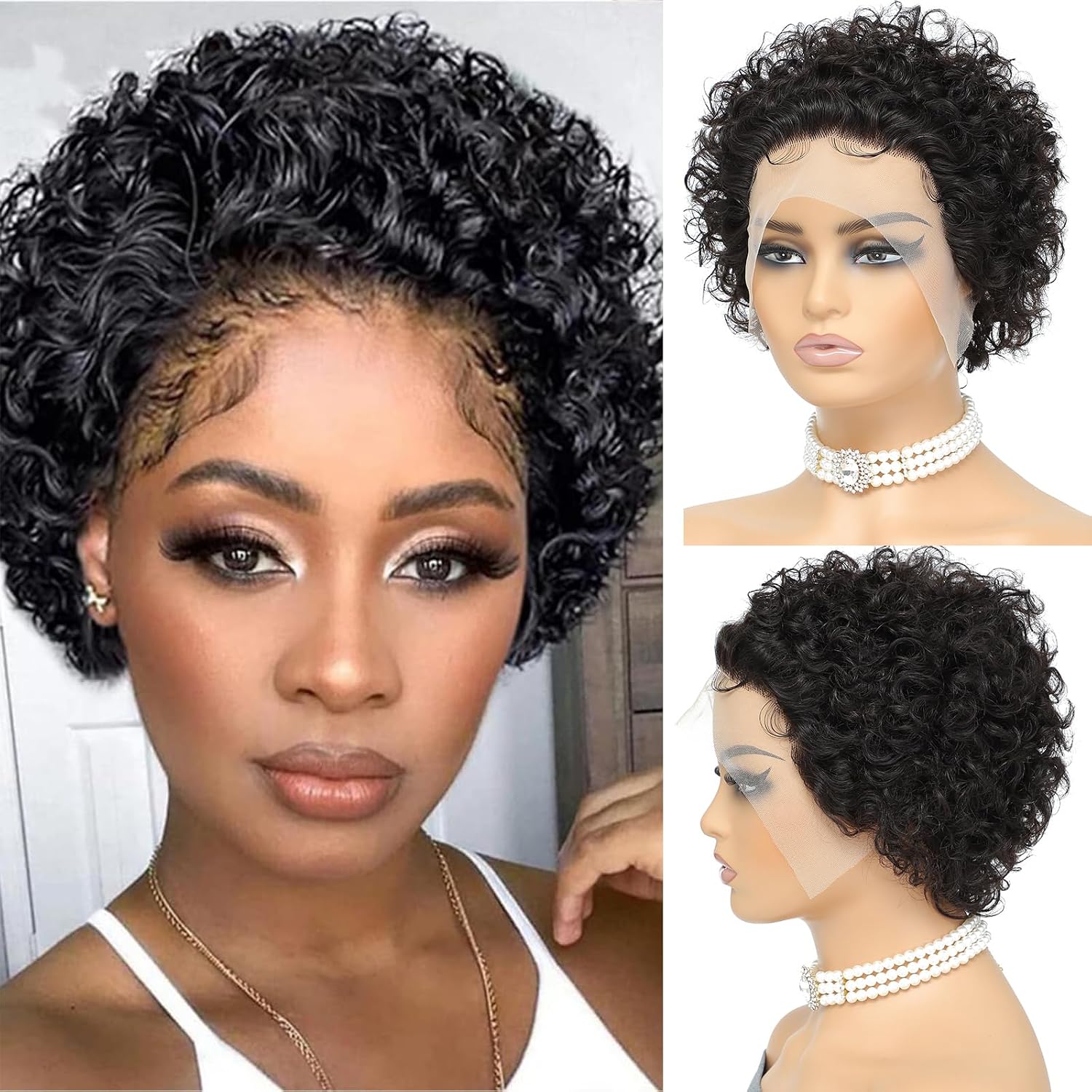 RACILY 6 inch Real Human Hair Mullet Wig for Women - Natural Black Pixie Cut with Bangs, Glueless Wig, Layered Haircut, Wolfcut, Density, Curly Wave Texture