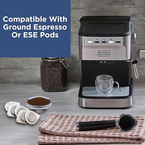 Miniatura 4 de Black+Decker Máquina semiautomática de café expreso y capuchino de 15 bares, máquina versátil con capacidad para usar molidos o cápsulas ESE para
