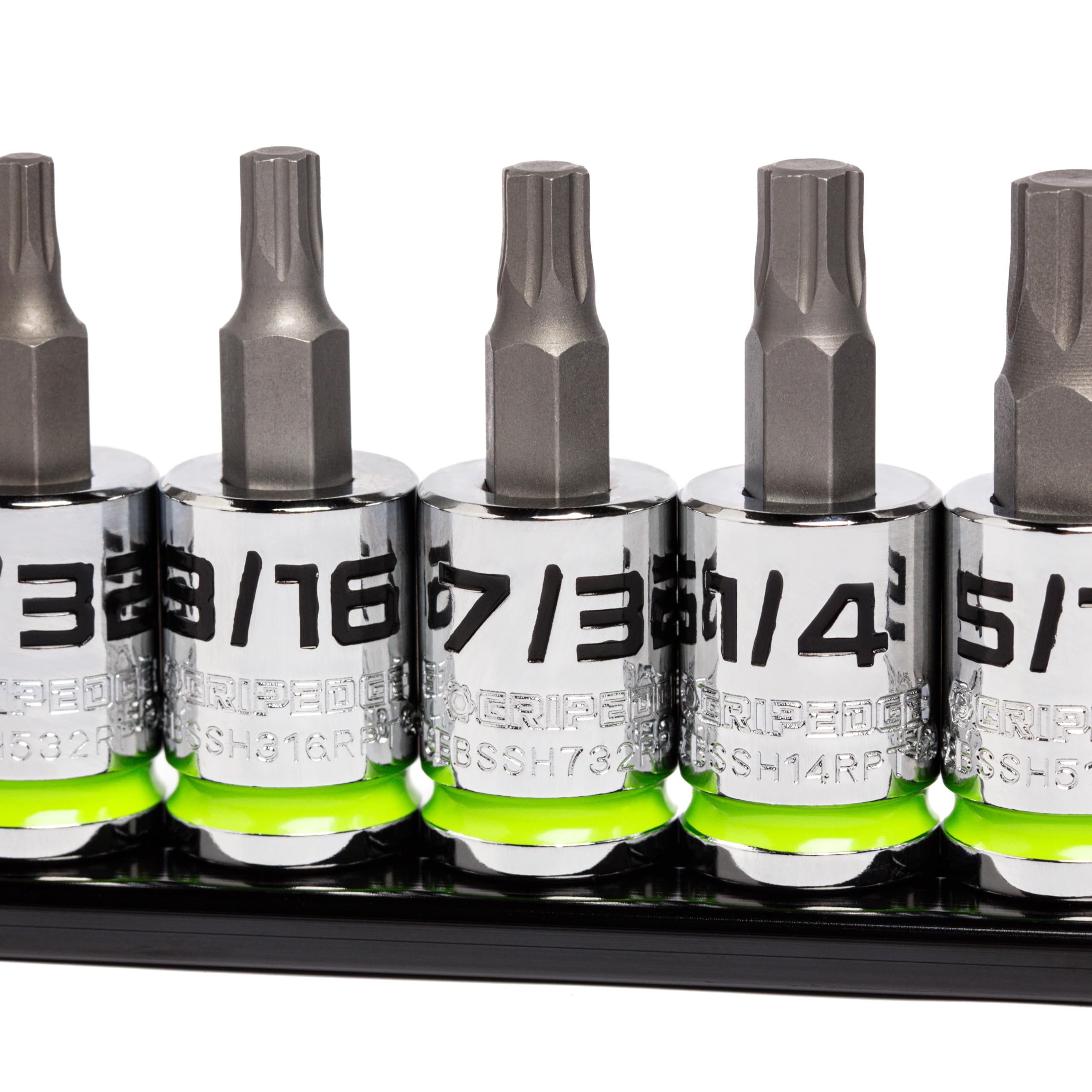 GRIPEDGE HEX zestaw nasadek bitowych | 7-PC - 3/8'' Drive Short SAE RPT zestaw wkrętaków sześciokątnych | rozmiary 1/8'' - 3/8'' | wykonane ze stali S2 | zawiera aluminiową szynę do przechowywania