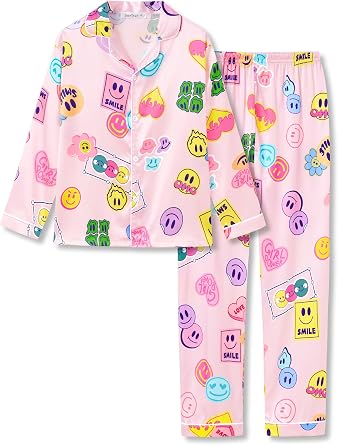 Beezizac Girls Pajamas Satin Silky Trendy Long Sleeve Set Size 6-16 | Soft Satin Silky, Button Front Top, Collared Neck, Elastic Waist Pants, Cozy Girls Sleepwear & Daily Gift