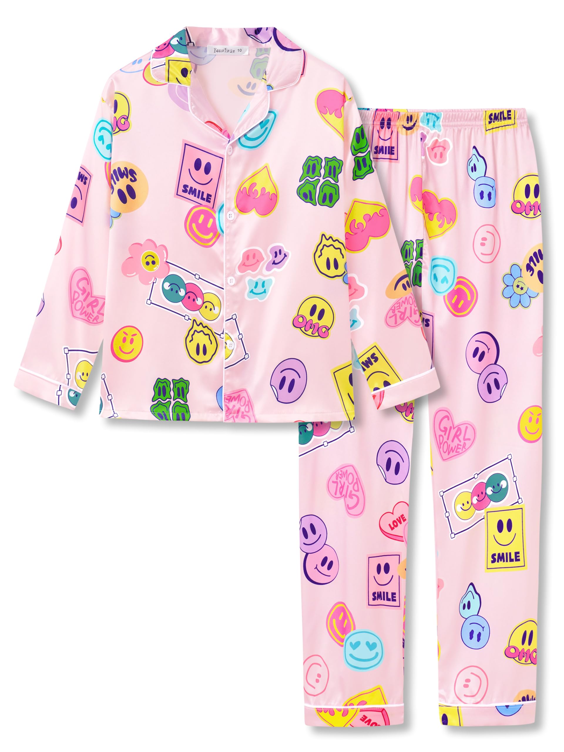 Beezizac Silky Satin Pajama Long Sleeves Set For Little & Big Girls Trendy Button 2-Piece Outfit Kid Sleepwear Size 6-16