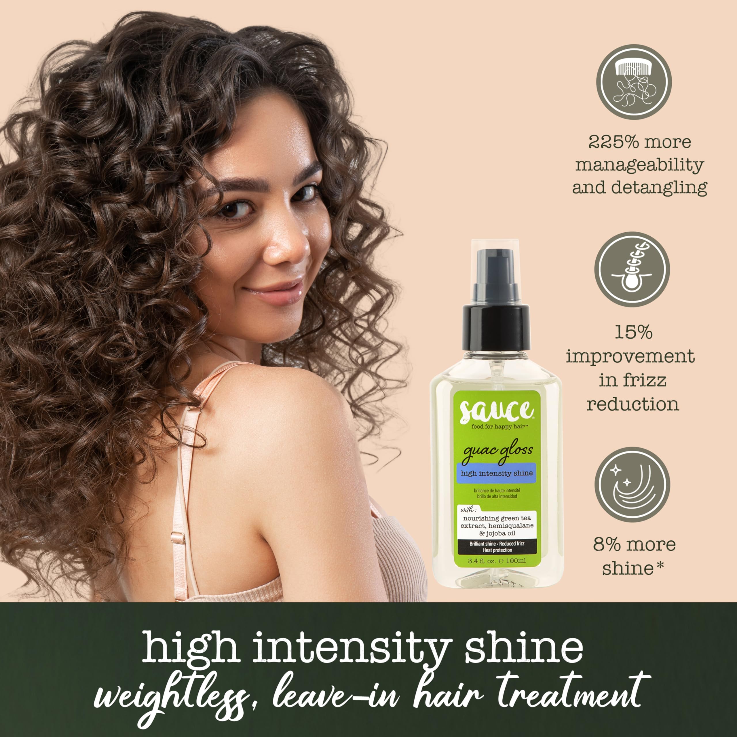 SAUCE BEAUTY Guac Hair Gloss, 3 Fl Oz High Intensity Shine, Jojoba Oil, Green Tea Extract & Squalane to Smooth, Boost Shine & Control Frizz for Sleeker, Softer, More Manageable Hair, Vegan Formula