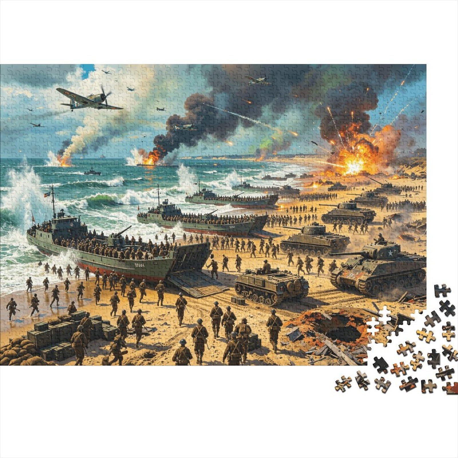 Beach Battle Puzzles for Elderly 1000 Piece Recyclable The Normandy War Jigsaw Puzzles Puzzle Game Props Impossible Hard Difficult Challenging Activity 52x38cm/1000pcs