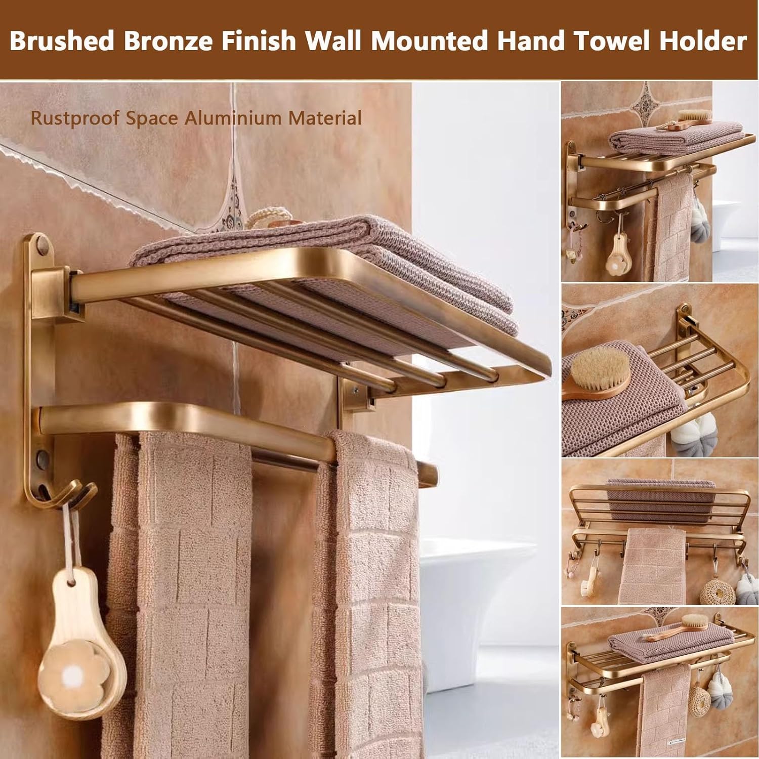 Antique Bronze Towel Racks for Bathroom Lavatory,Wall Mounted Hand Towel Holder with Towel Bar and Hooks,Foldable Towel Shelf Rustproof Aluminium Towel Hanger,Bathroom Kitchen Hardware Acces