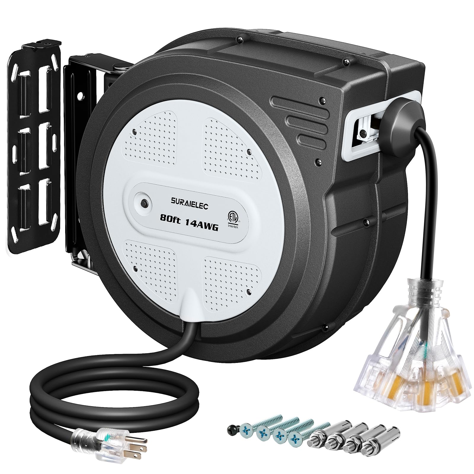 suraielec 80 ft retractable extension cord reel, 14 awg sjtow power cord for garage & workshop, 10a circuit breaker, wall/ceiling mount, upgraded anti-tangle roller design, etl listed, grey