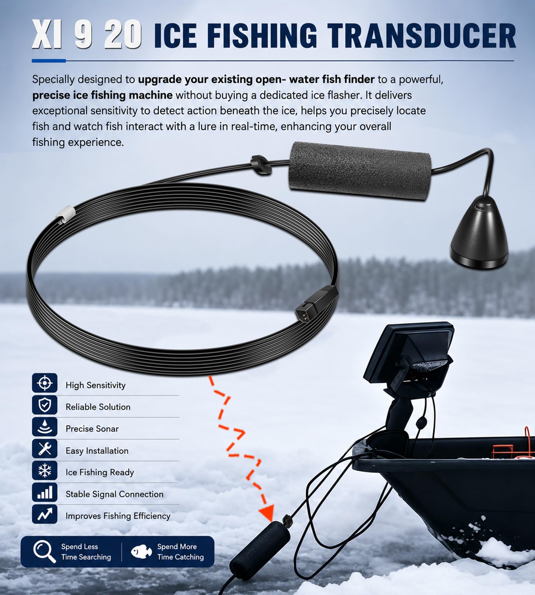 Trasduttore 710211-1 XI 9 20 ICE con sonar a doppio fascio adatto per modelli di lampeggiatore/sonar Humminbird con trasduttore sonar da pesca non Chirp, ICE - 20/60 gradi, 200/83 kHz, lunghezza cavo