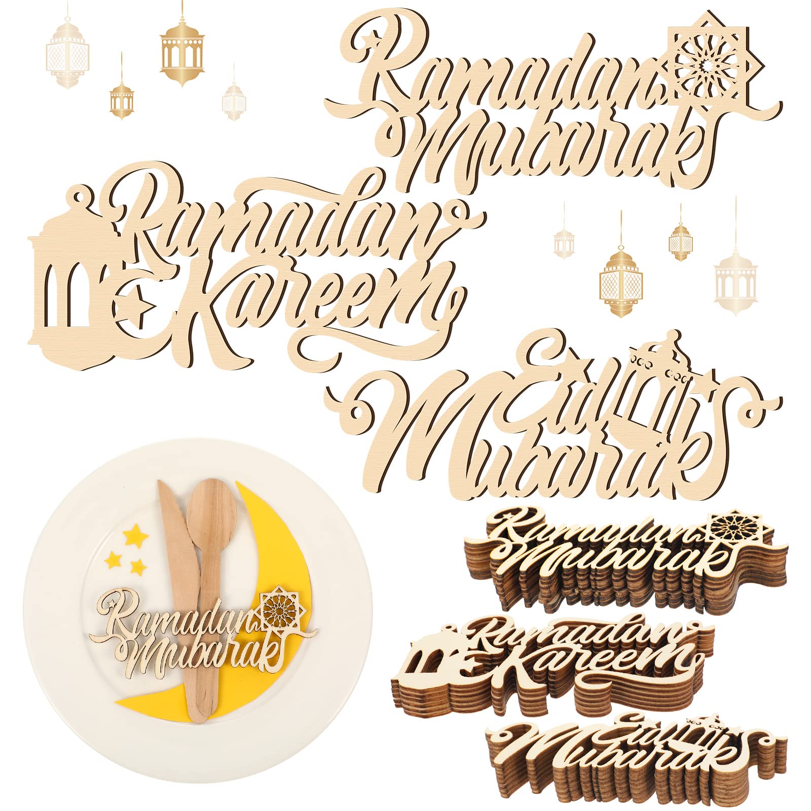 Maitys 24 Pieces Ramadan Mubarak Plate Setting Hanging Wooden Word Ramadan Wood Sign Kareem Moon Star Eid Decorations Islamic Table Decor for Eid Al Adha Muslim Party Home Pendant Wall Ornaments