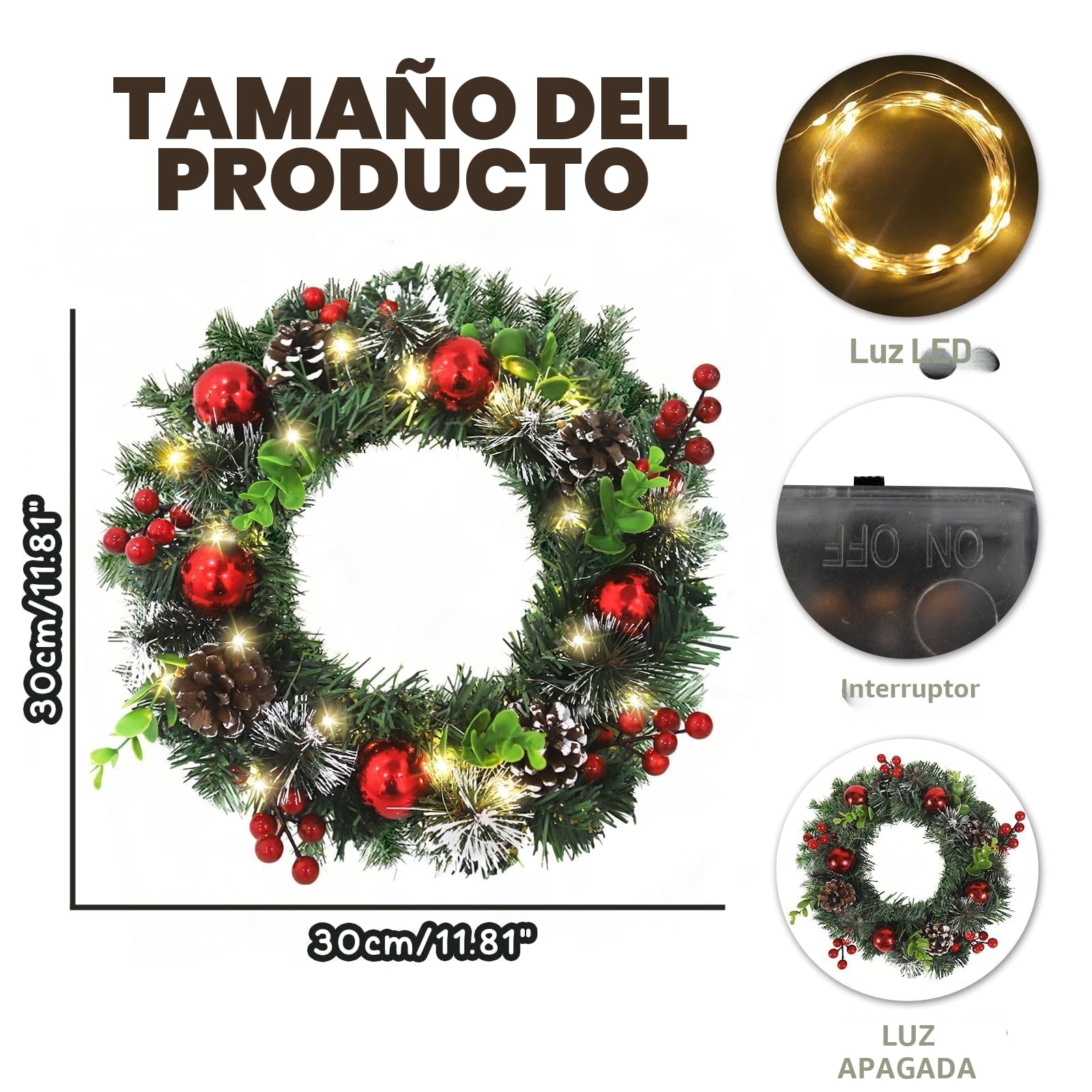CIRULLI Corona Navidad Puerta,Coronas de Navidad 30 cm,Guirnalda de Navidad para Puerta Exterior,Corona de Abeto,Corona navideña Artificial para Puerta de Entrada