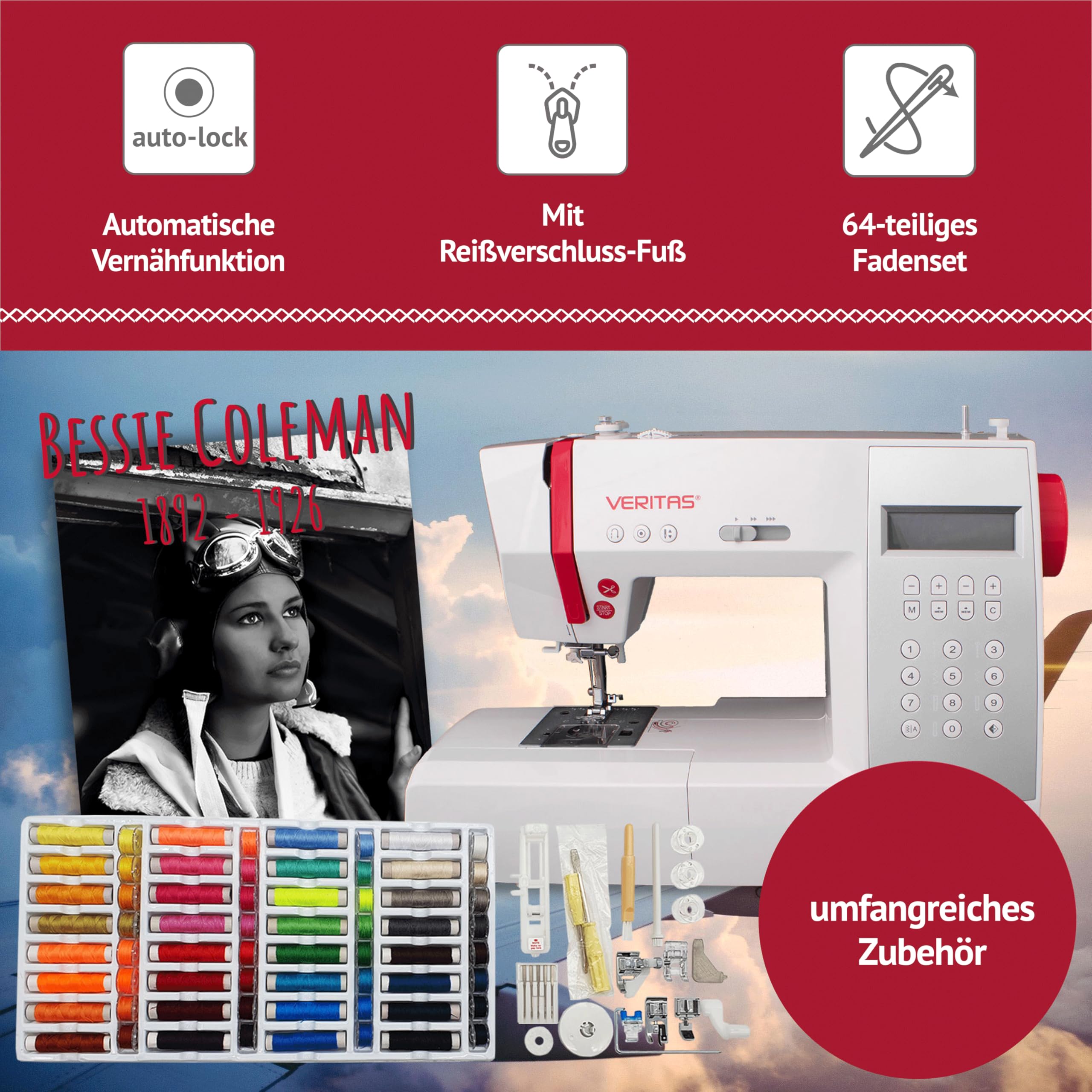 VERITAS Nähmaschine Bessie I Computer-Nähmaschine I 196 Programme inkl. Speicherfunktion I Stiche spiegeln I Auto-Fadenspannung & Einfädelhilfe I Fadenabschneider I LCD-Display & LED-Nählicht (weiß)