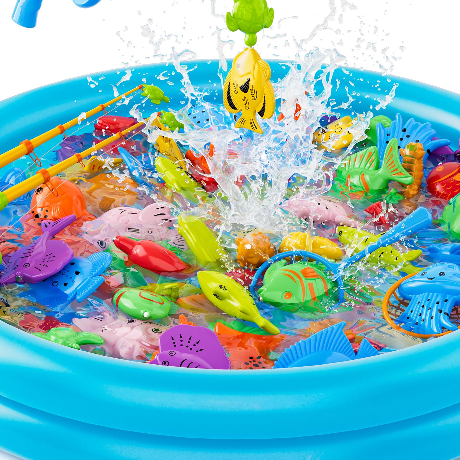 Magnetic Fishing Pool Toys Game for Kids Toddlers 3-5 4-8, Water Table Bathtub Toy with Inflatable Pool Pole Rod Net Plastic Floating Fish, Water Bath Pool Outdoor Toys for Kids Toddlers Baby
