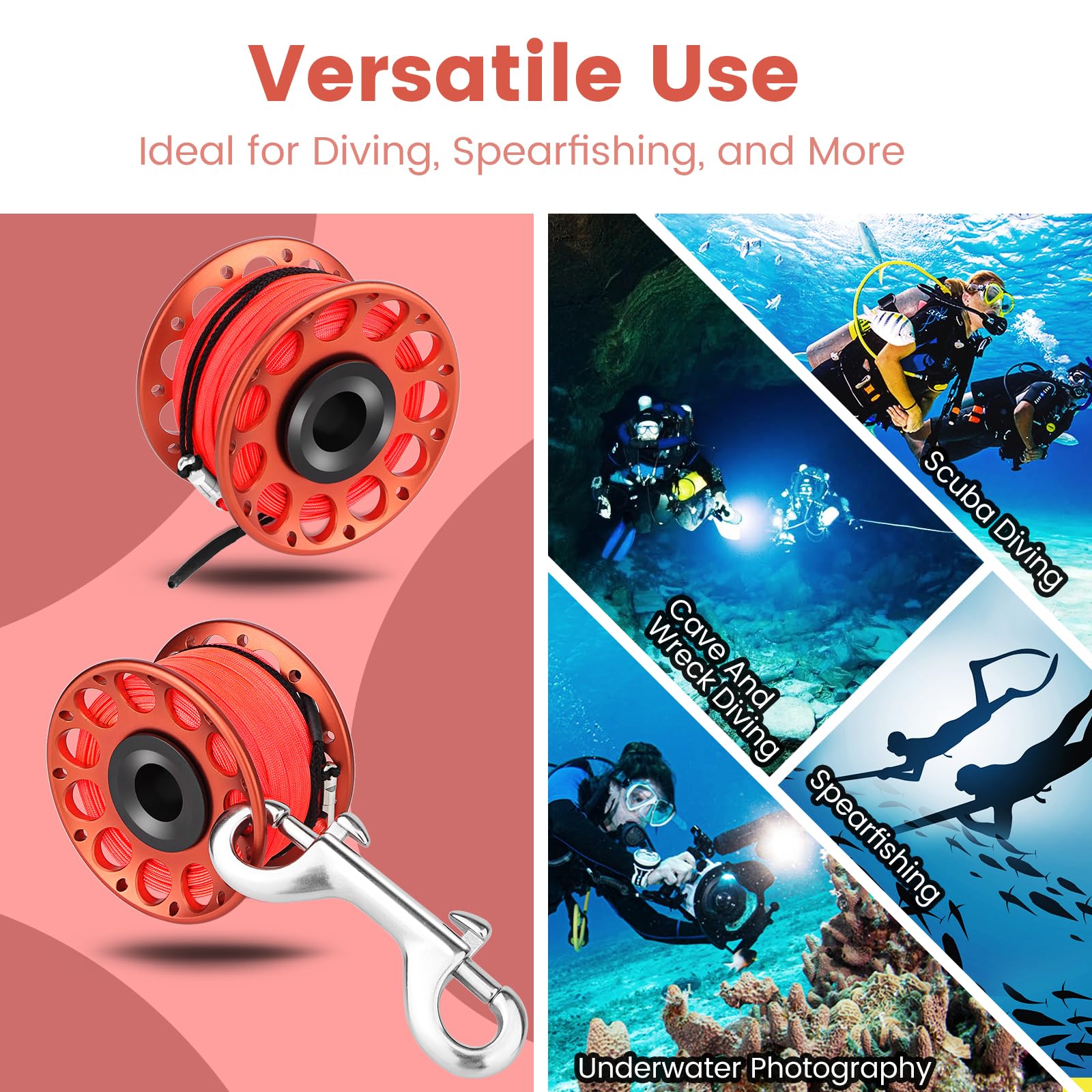 Scuba Diving Reel, Large Spinning Spool Finger Reel with Double-Ended Bolt Snap Clip with 30m/100ft High Visibility Line Aluminum Dive Reel for Wreck Cave Diving Spearfishing Fishing (Red Reel)