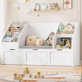 FOREHILL Children's shelf with seat bench for children's room, kindergarten | Children's Room Furniture with 3 Drawers Toy Storage Bookcase Kids, Children's Room Shelf 140 x 80 x 39.5 cm White