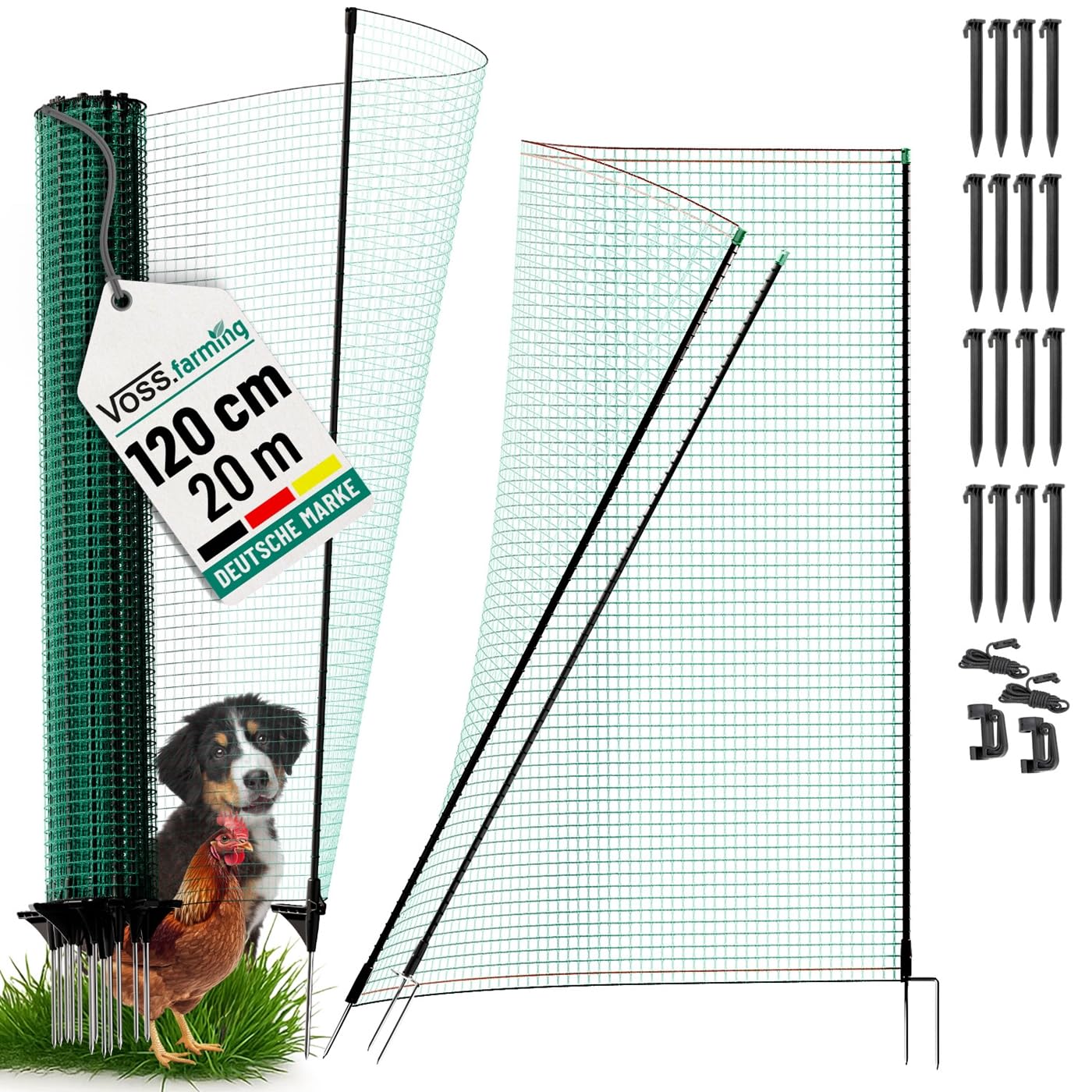 VOSS.farming Begrenzungszaun Classic ohne Strom 20m, Begrenzungszaun mit Tür, 120cm, 12 Pfähle, 1 Spitze, grün, Kleintiernetz, mobiler Zaun, Gartenzaun