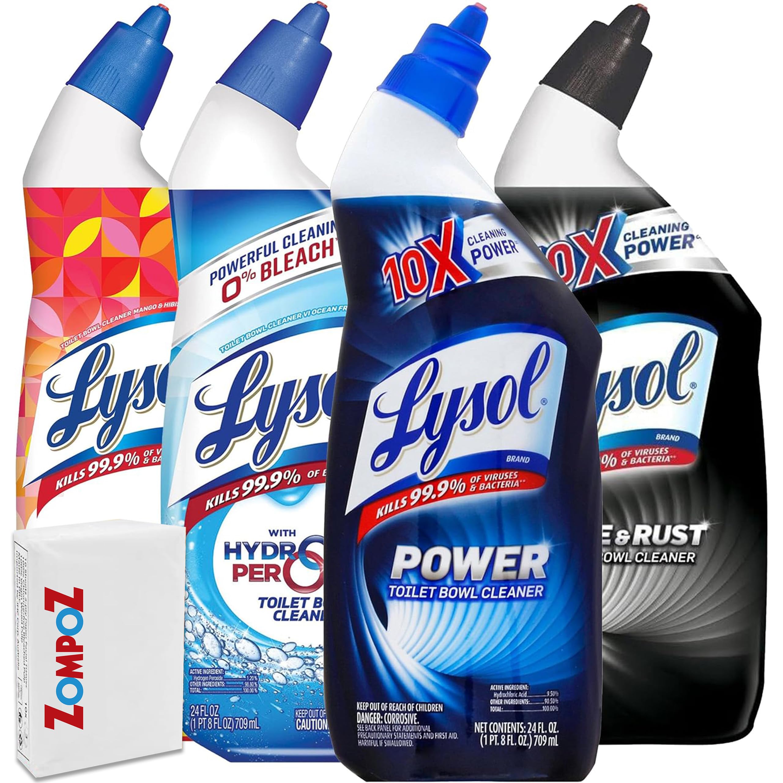 Lysl Toilet Bowl Cleaner Variety Pack of 4, Cleans and Deodorizes, Includes Mango and Hibiscus, Lime and Rust, Power, and Ocean Fresh with Hydrogen Peroxide, 24 Oz Each Plus Bonus Zompo-Z Tissues