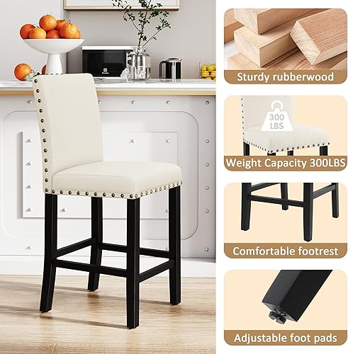 Miniatura 5 de DAGONHIL Juego de 4 taburetes de bar de altura de mostrador de 24 pulgadas modernos con patas de madera negra, cabeza de clavo, silla de bar