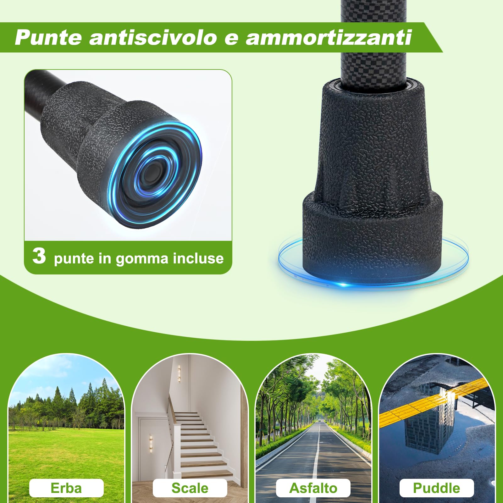 Bastone da Passeggio in Fibra di Carbonio Leggero con Borsa, Punta in Gomma Antiscivolo e Ammortizzante (Incluse 2 Punte di Ricambio), Pieghevole e Regolabile In altezza
